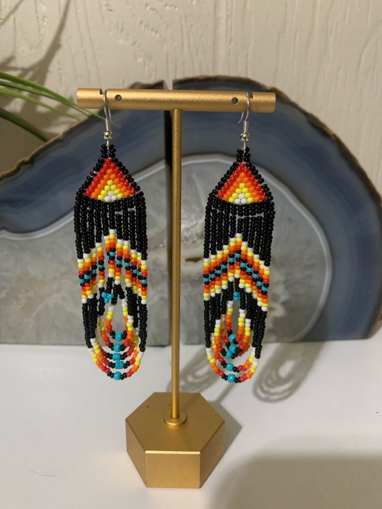 Handmade Jewelry - Boho Black Multicolor Beaded Fringe Drop Earrings